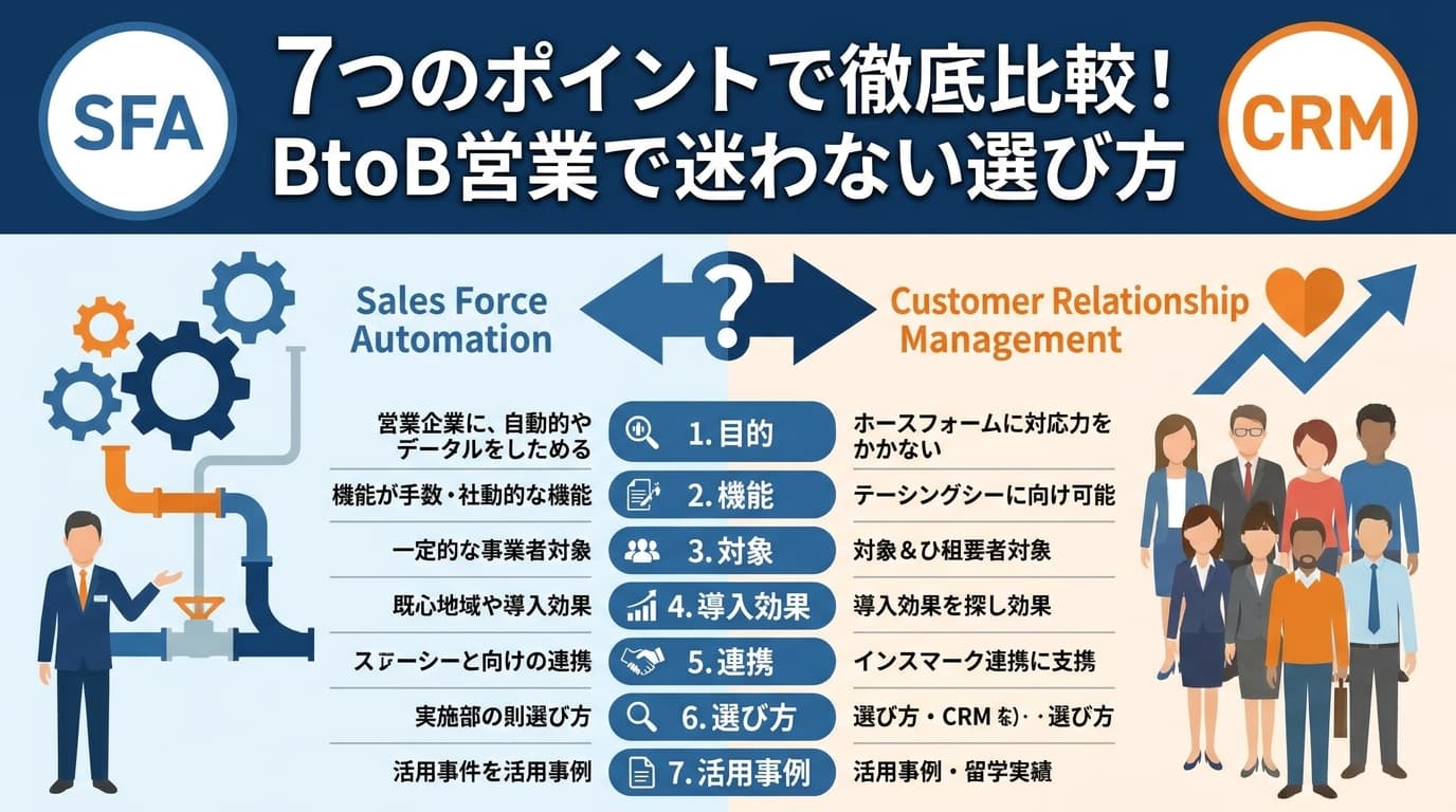 SFAとCRMの違いとは?7つのポイントで徹底比較!BtoB営業で迷わない選び方